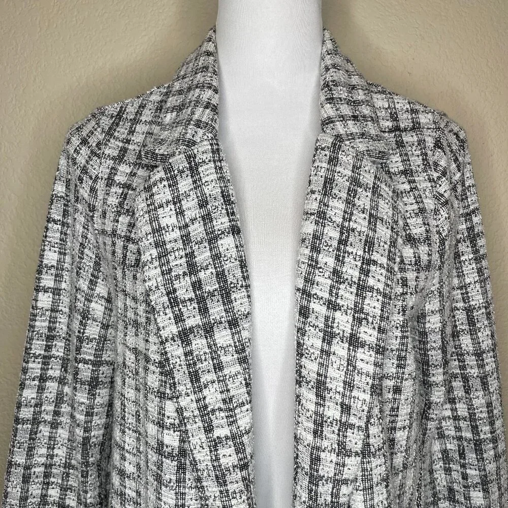 Melloday Black White Plaid Open Front Cotton Blend Longline Coat Jacket M